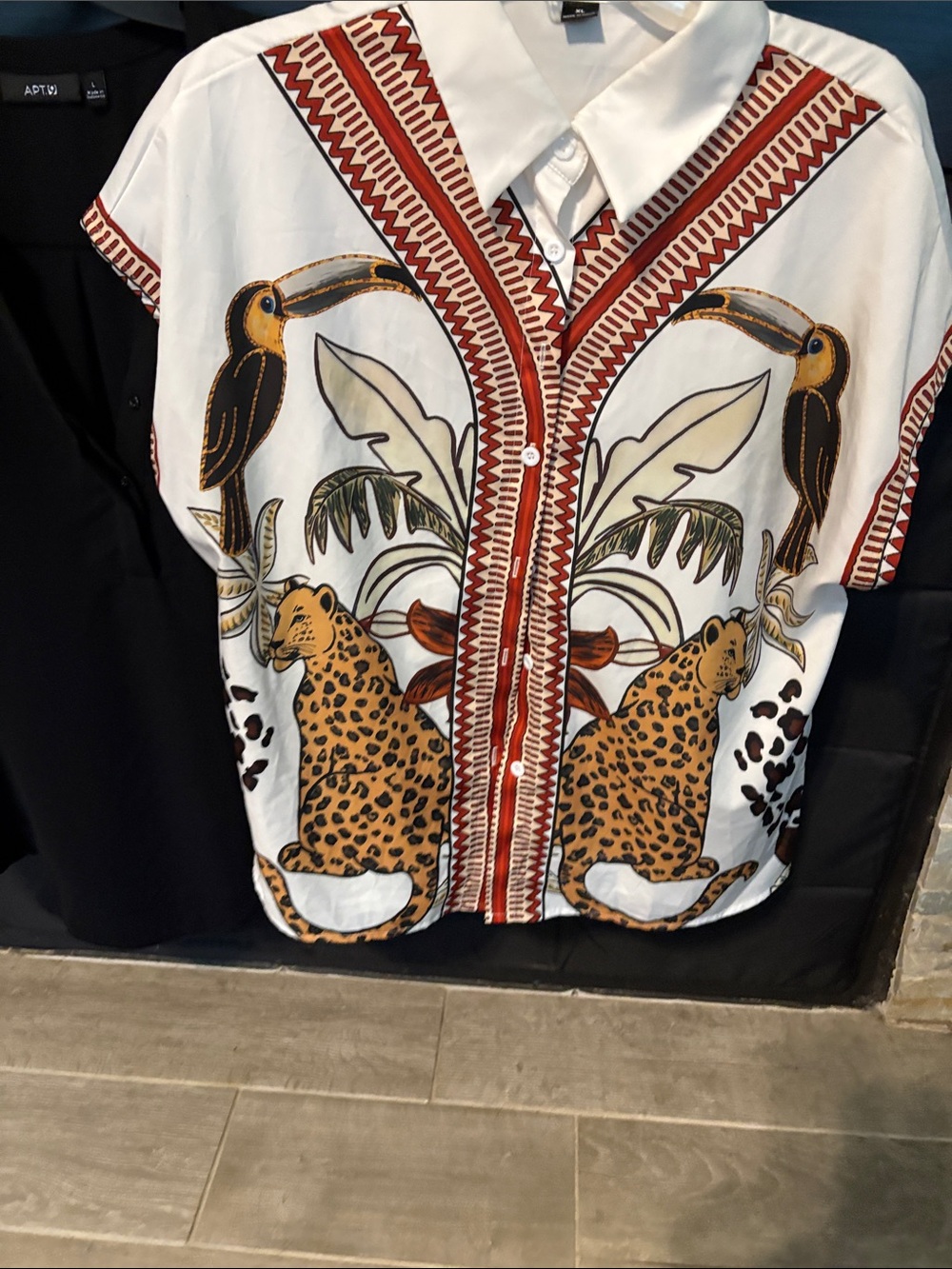 Mixed Print Short Sleeve Button-Up Top - White with Animal Print - Picture 8 of 10